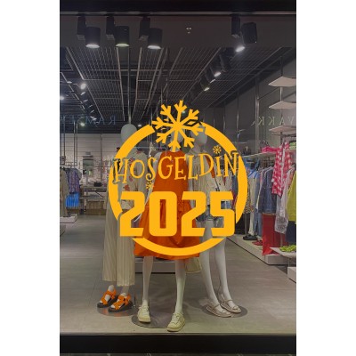 Silindir Üzerinde Büyük Kar Tanesi ve Hoşgeldin 2025 Yazısı Yılbaşı Süslemeleri Ev Vitrin Yılbaşı Stickerı