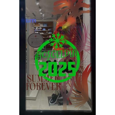 Silindir Üzerinde Büyük Kar Tanesi ve Hoşgeldin 2025 Yazısı Yılbaşı Süslemeleri Ev Vitrin Yılbaşı Stickerı