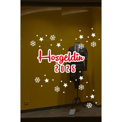 Hoşgeldin 2025 Yazısı Kar Taneleri ve Yılbaşı Vitrin Stickerları 70x70cm