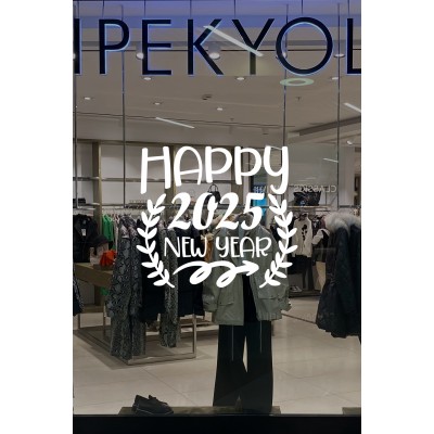Taç Happy New Year 2025 Yazısı Yılbaşı Süslemeleri Yeni Yıl Yılbaşı Vitrin Cam Sticker