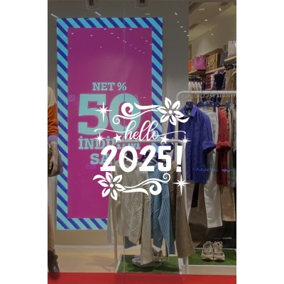 Çiçekler Yıldızlar Hello 2025 Yılbaşı Süslemeleri Yeni Yıl Yılbaşı Vitrin Cam Sticker
