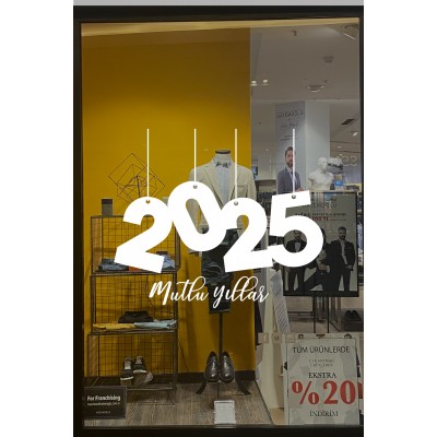 Yılbaşı Vitrin için İp İle Asılmış 2025 Yazısı Sticker 115x100cm