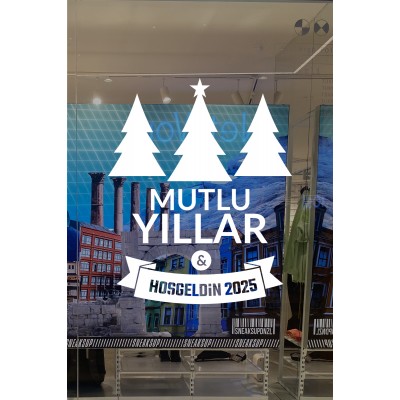 Yılbaşı Süsü Mutlu Yıllar Hoş geldin 2025 Yazılı Ağaçlı Sticker