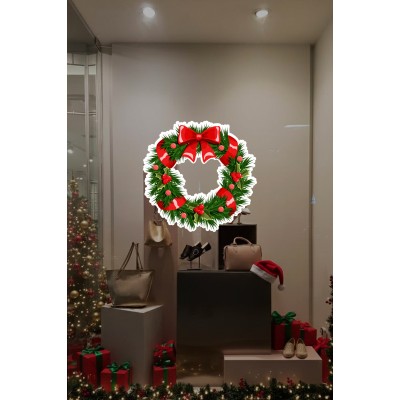 Kurdelalı Yılbaşı Kapı Tacı Süsü Vitrin Sticker Ev Vitrin Yılbaşı Stickerı