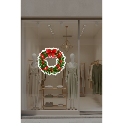 Kurdelalı Yılbaşı Kapı Tacı Süsü Vitrin Sticker Ev Vitrin Yılbaşı Stickerı