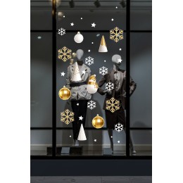 Gold Altın Rengi Balonlar Kar Taneleri Yılbaşı Vitrin Süslemeleri Sticker 39x47cm