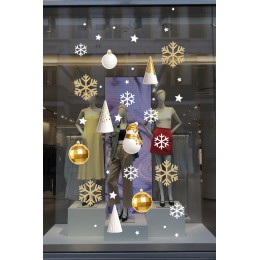 Gold Altın Rengi Balonlar Kar Taneleri Yılbaşı Vitrin Süslemeleri Sticker 39x47cm