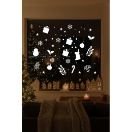 Kardan Adam Balonlar Taç Desenler Kar Tanesi ve Yılbaşı Ağacı Vitrin Süslemeleri Yılbaşı Stickerları