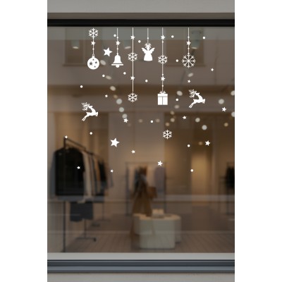 Sevimli Yıldızlar Geyikler Kar Taneleri ve Yılbaşı Vitrin Stickerları 70x70cm Ev Vitrin Yılbaşı Stickerı
