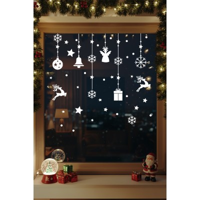 Sevimli Yıldızlar Geyikler Kar Taneleri ve Yılbaşı Vitrin Stickerları 70x70cm Ev Vitrin Yılbaşı Stickerı