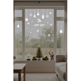 Mutlu Yıllar Yazısı Kar Taneleri ve Kutular Balonlar Vitrin Stickerları 70x50cm Ev Vitrin Yılbaşı Stickerı