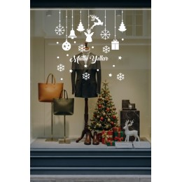 Mutlu Yıllar Yazısı Kar Taneleri ve Kutular Balonlar Vitrin Stickerları 70x50cm Ev Vitrin Yılbaşı Stickerı