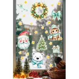 Yılbaşı Cam Sticker Seti – Kedi, Ayıcık, Noel Baba ve Çelenk Figürleri - Çocuk Odası Çıkartma Seti
