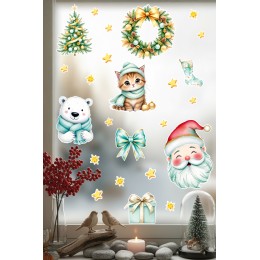 Yılbaşı Cam Sticker Seti – Kedi, Ayıcık, Noel Baba ve Çelenk Figürleri - Çocuk Odası Çıkartma Seti