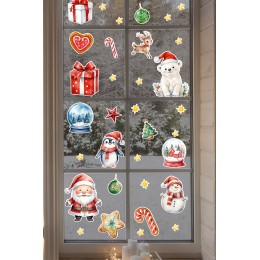 Yılbaşı Cam Sticker Seti – Hediye Kutuları, Kardan Adam, Ayıcık ve Penguen Figürleri