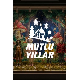 Kış Masalı Mutlu Yıllar Cam Vitrin Sticker – Yılbaşı Çam Ağaçlı Dekor Seti