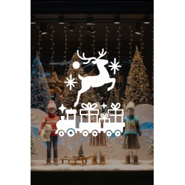 Geyik ve Hediye Trenli Yılbaşı Vitrin Cam Sticker – Vitrin Yılbaşı Dekoru