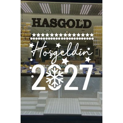 El Yazısı İle Hoşgeldin 2027 Yazısı ve Kar Tanesi Cam Vitrin Mağaza Süslemeleri Ev Vitrin Yılbaşı Stickerı