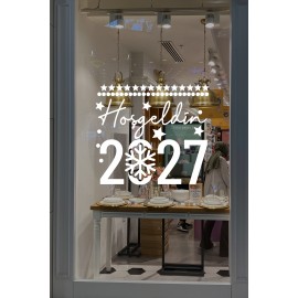 El Yazısı İle Hoşgeldin 2027 Yazısı ve Kar Tanesi Cam Vitrin Mağaza Süslemeleri Ev Vitrin Yılbaşı Stickerı