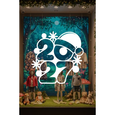 2027 Noel Şapkalı Yeni Yıl Vitrin Cam Sticker - Mağaza & Kreş Cam Dekoru Yeni Yıl Süsleme Seti