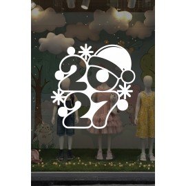 2027 Noel Şapkalı Yeni Yıl Vitrin Cam Sticker - Mağaza & Kreş Cam Dekoru Yeni Yıl Süsleme Seti