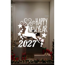 Geyik ve Happy New Year 2027 Yılbaşı Süslemeleri Yeni Yıl Yılbaşı Vitrin Cam Sticker