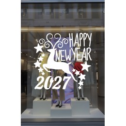 Geyik ve Happy New Year 2027 Yılbaşı Süslemeleri Yeni Yıl Yılbaşı Vitrin Cam Sticker