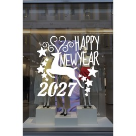 Geyik ve Happy New Year 2027 Yılbaşı Süslemeleri Yeni Yıl Yılbaşı Vitrin Cam Sticker