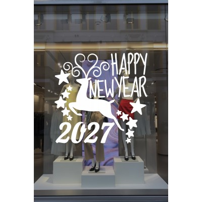 Geyik ve Happy New Year 2027 Yılbaşı Süslemeleri Yeni Yıl Yılbaşı Vitrin Cam Sticker