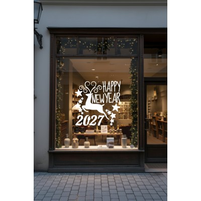 Geyik ve Happy New Year 2027 Yılbaşı Süslemeleri Yeni Yıl Yılbaşı Vitrin Cam Sticker