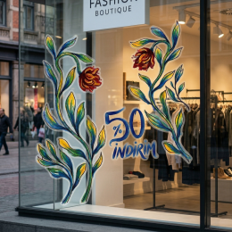 Çiçek Tasarım Vitrin Cam Sticker – %50 İndirim Yazısı & Dekoratif Cam Vitrin Sticker