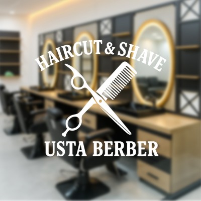 Haircut & Shave – Usta Berber Cam Vitrin Stickerı (Siyah-Beyaz)