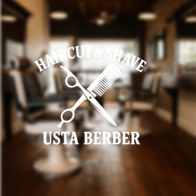 Haircut & Shave – Usta Berber Cam Vitrin Stickerı (Siyah-Beyaz)