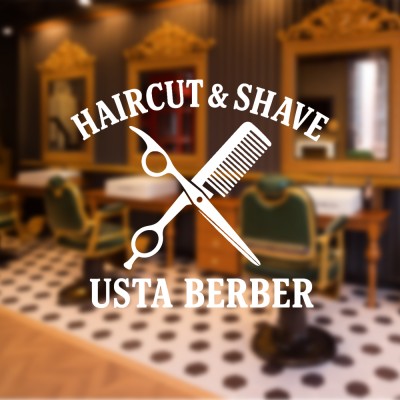 Haircut & Shave – Usta Berber Cam Vitrin Stickerı (Siyah-Beyaz)