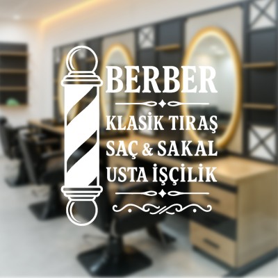 Usta Berber Vitrin Cam Stickerı – Şeffaf Zemin Beyaz Yazı