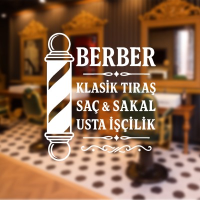 Usta Berber Vitrin Cam Stickerı – Şeffaf Zemin Beyaz Yazı
