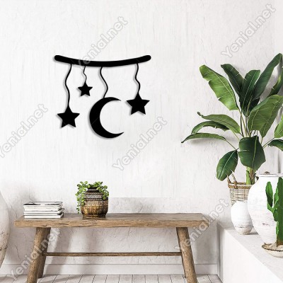 Dalda Salınan Yıldızlar Ay Duvar Oda Ev Aksesuarı Ahşap Tablo 50x42cm
