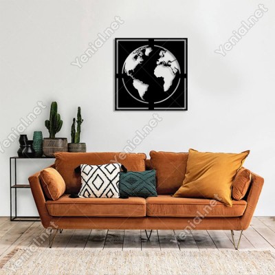 Dünya Küre Çerçeveli Duvar Tablosu Oda Ev Aksesuarı Ahşap Tablo 50x50cm