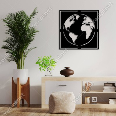Dünya Küre Çerçeveli Duvar Tablosu Oda Ev Aksesuarı Ahşap Tablo 50x50cm