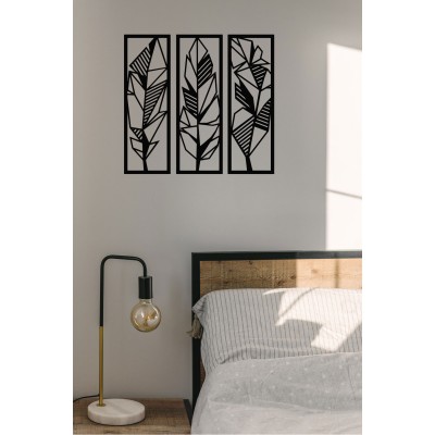 Üç Parça Ağaç Yaprak Dalı Ahşap Tablo Duvar Oda Ev Aksesuarı 53x50cm