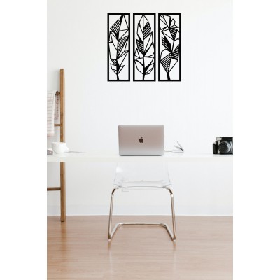 Üç Parça Ağaç Yaprak Dalı Ahşap Tablo Duvar Oda Ev Aksesuarı 53x50cm