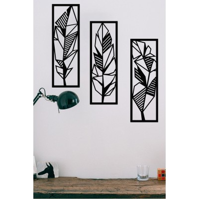 Üç Parça Ağaç Yaprak Dalı Ahşap Tablo Duvar Oda Ev Aksesuarı 53x50cm
