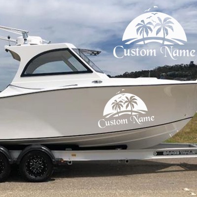 Gemiye Tekneye Kişiye Özel Tasarımlı Sticker Adada Palmiye Ağacı Tekne Sticker, Vinil Sticker, Tekne Sticker