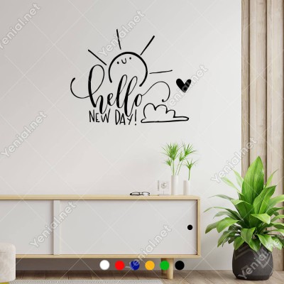 El Yazısı ile Sevimli Hello New Day Duvar Yazısı Sticker 60x48cm
