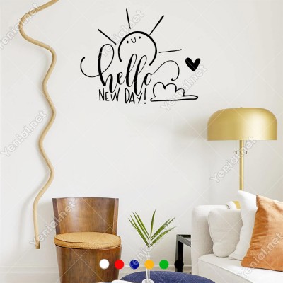 El Yazısı ile Sevimli Hello New Day Duvar Yazısı Sticker 60x48cm