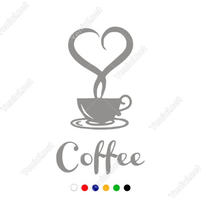 El Yazısı ile Yazılmış Kalp Şekli Fincan ve Coffe Yazısı Sticker 60x58cm