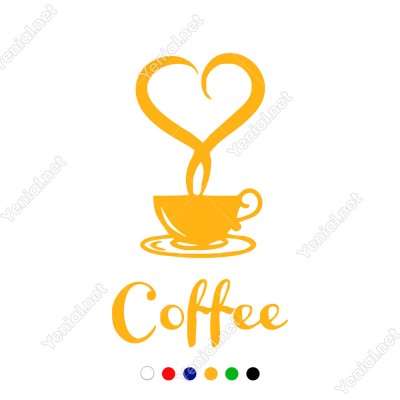 El Yazısı ile Yazılmış Kalp Şekli Fincan ve Coffe Yazısı Sticker 60x58cm