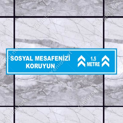 Sosyal Mesafenizi Koruyun Yazı Mavi Renk Yere Yapıştırılacak Sticker Afiş 12x50cm