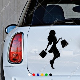 Elinde Alışveriş Çantası Bulunan Mutlu Kadın Etiket Sticker