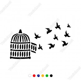 Kafesten Uçuşan Kuşlar Etiket Sticker Yapıştırma